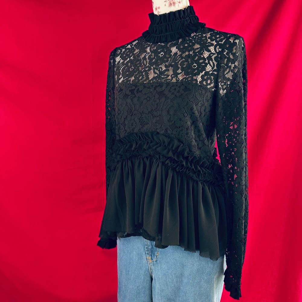 TUCKERNUCK Black Lace Ruffle Peplum Myla Top Mock Neck Long Sleeve Blouse XS - Picture 10 of 17